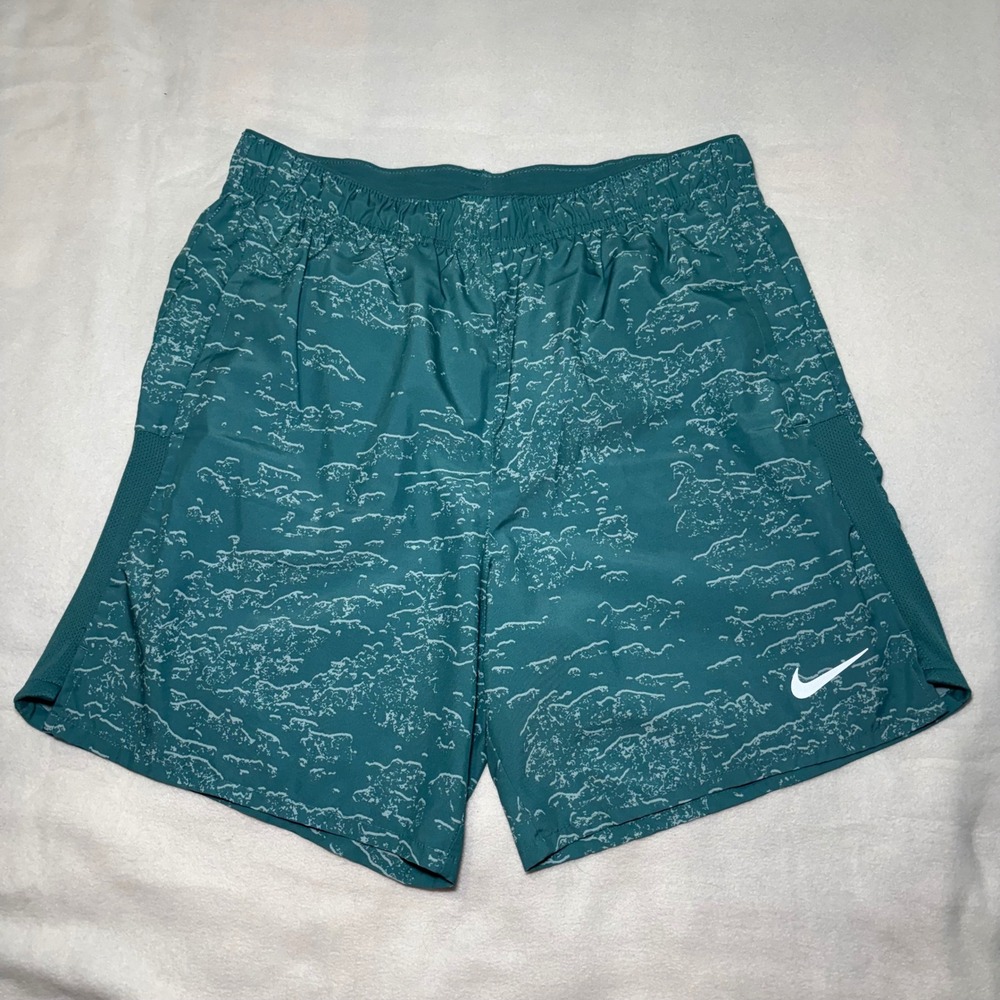 Nike Dri-FIT Challenger Running Shorts Mens Medium Teal Green Lined AOP pockets